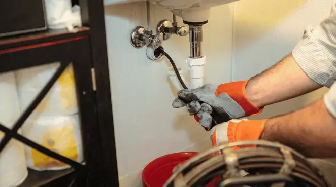 Drain cleaning technician using a motorized plumbing snake to clear a clogged sink pipe in Allentown, PA